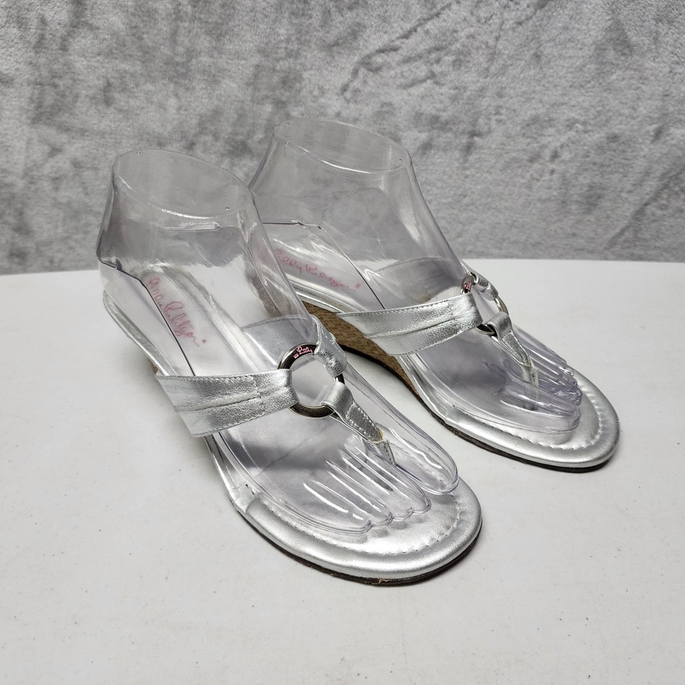 Lilly Pulitzer Sandals Womens Size 6 Silver Metallic Leather Thong Wedge Mckim